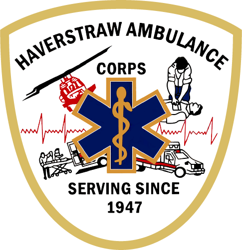 The image shows the Haverstraw Ambulance Corps logo. It features a shield shape with a blue star of life and Rod of Asclepius in the center. Surrounding images depict emergency medical responses, an ambulance, and a heartbeat waveform. Text reads “Serving Since 1947.