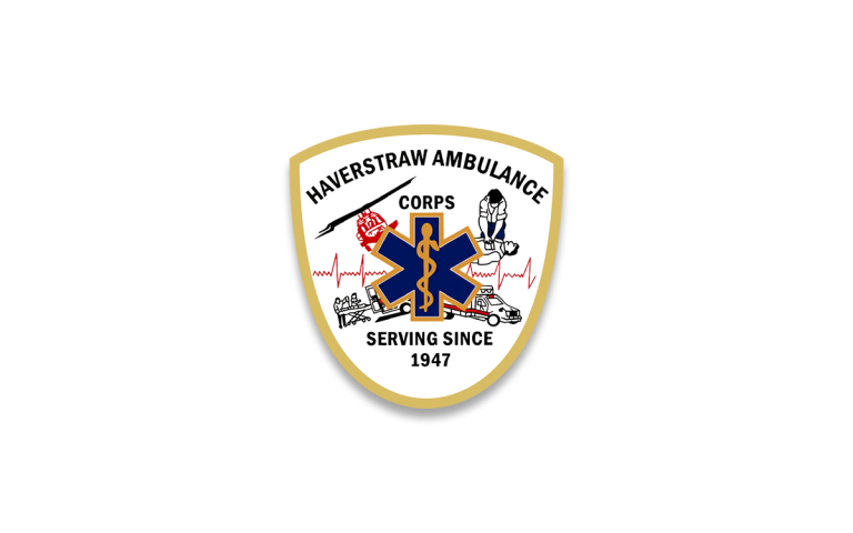 Logo of Haverstraw Ambulance Corps featuring a white shield with a beige border. In the center is a blue star of life with a snake and staff, surrounded by illustrations of an ambulance, heartbeat line, and a helicopter. Text reads "Haverstraw Ambulance Corps Serving Since 1947.