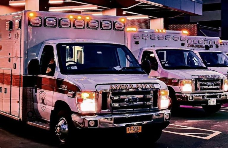 A row of parked ambulances with their lights on, under a covered area, outside a brick building. The scene is lit by the glow of the vehicle lights in the evening or nighttime setting.