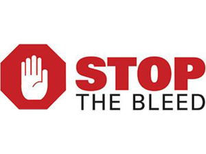 Logo with a red octagon featuring a white hand, resembling a stop sign. To the right, bold red text reads "STOP," and below in black text, "THE BLEED" is written.