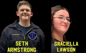 Two individuals are shown. On the left, a person in a dark uniform with "Seth Armstrong" text below. On the right, a person with glasses and long hair, with "Graciella Lawson" text below. Both are smiling against a black background.