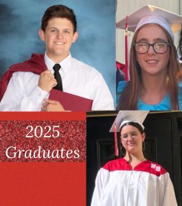 A collage with three 2025 graduates: a young man holding a red gown, a young woman in glasses and a white cap, and another young woman in a white and red gown. Text reads "2025 Graduates" on a red glitter background.